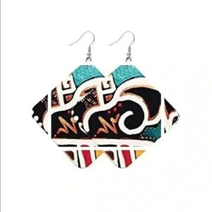 Artistic Square Ethnic Women’s Ladies Large Wood Wooden Drop Earrings NWT
